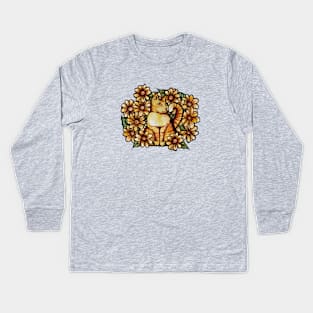 Summer Daisies Orange Cat Kids Long Sleeve T-Shirt